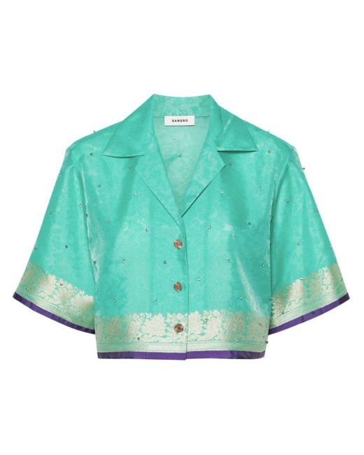 Sandro Green Patterned-jacquard Cropped Shirt