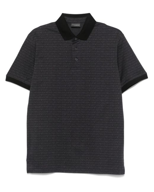 Emporio Armani Black Allover Logo Cotton Polo Shirt for men