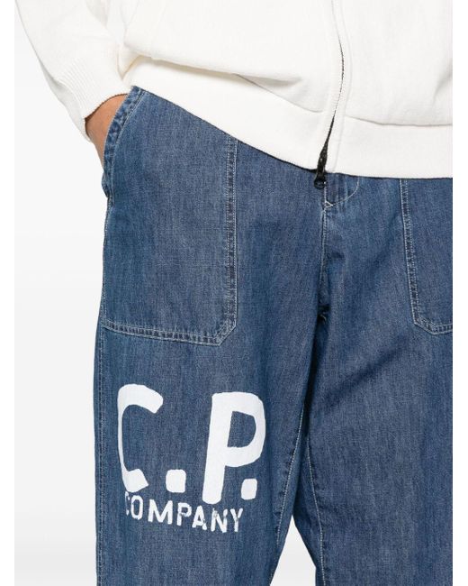 C P Company Blue Logo-print Tapered Jeans for men