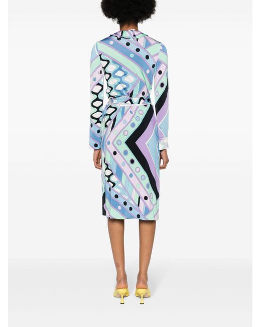 Emilio Pucci Blue Geometric Wrap Midi Dress