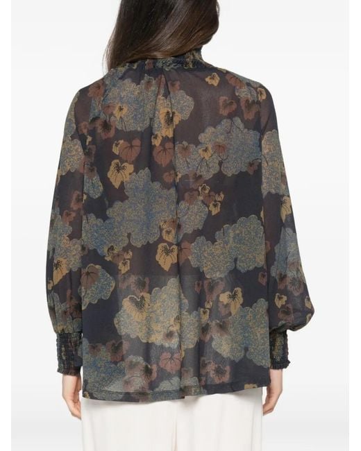 Siyu Gray Floral-Print Smocked-Neck Blouse