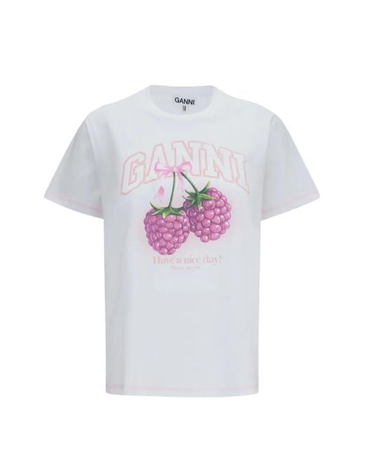 Ganni White T-Shirt À Imprimé Framboise
