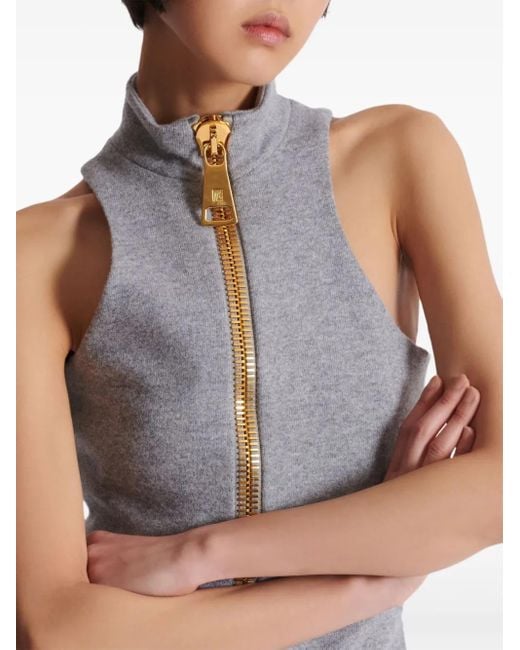 Balmain Gray Stehkragen-Oberteil Mit Reißverschluss