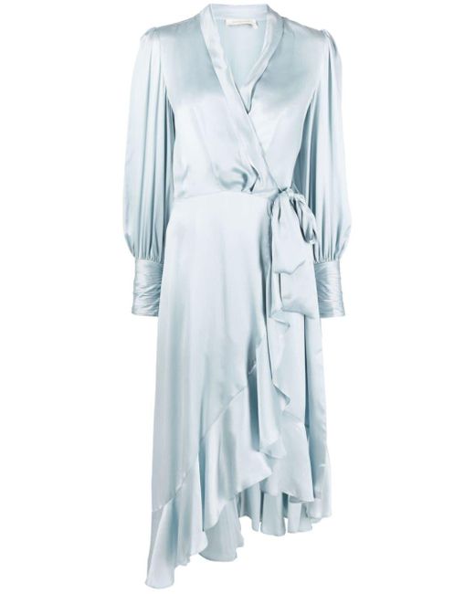 Zimmermann Blue Asymmetric Wrap Silk Midi Dress