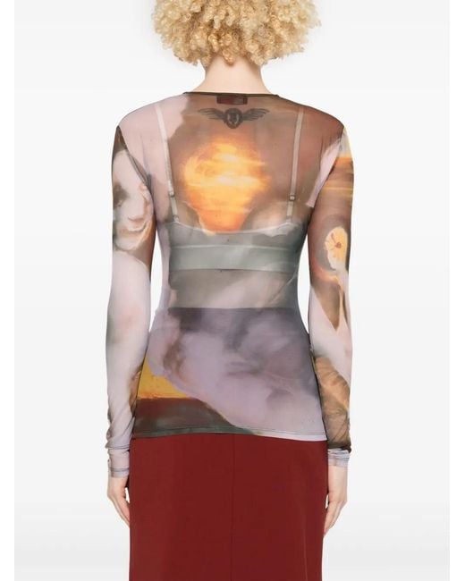 Mugler Gray Graphic Print Mesh Crewneck Top