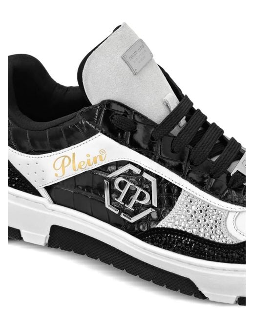 Philipp Plein Black Crystal-Embellished Crocodile-Effect Sneakers