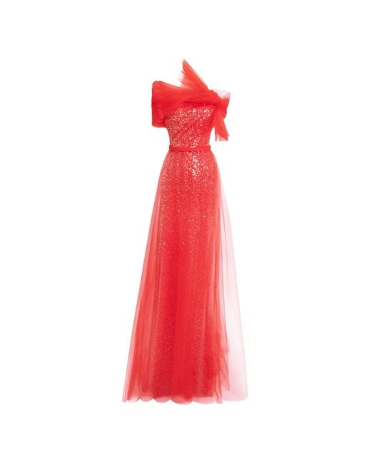 Gemy Maalouf Red Robe Ornée De Sequins À Détail De Nœud