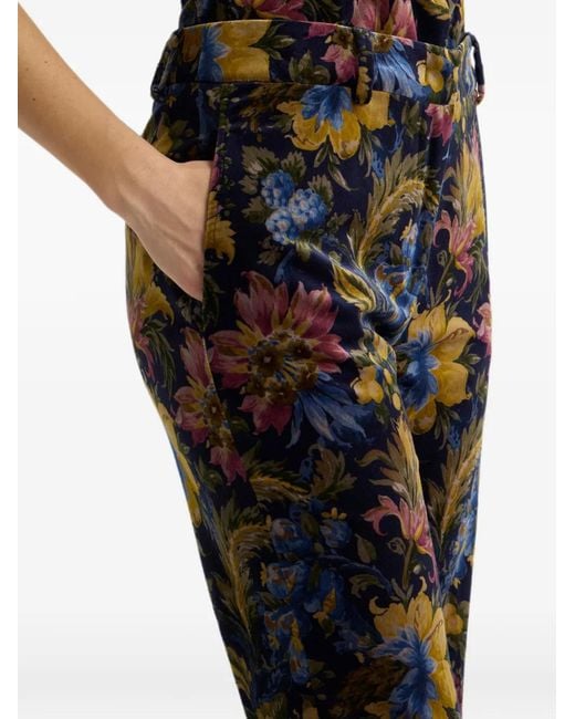 Etro Black Cotton Velvet Trousers With Floral Overprint