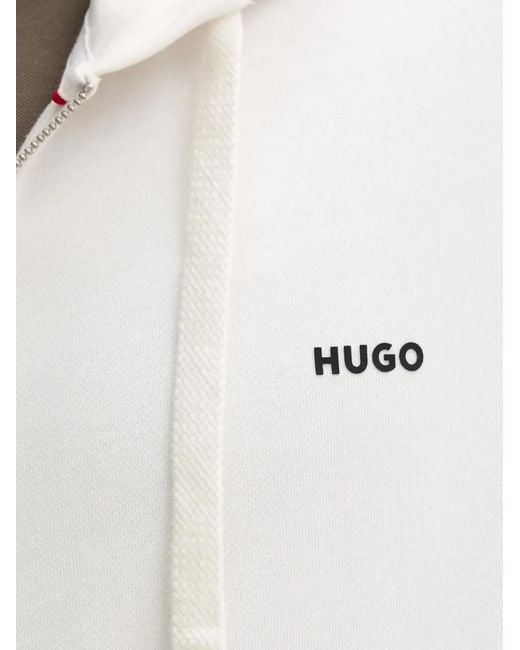 HUGO White Zip Hooded Logo Printed Hoodie for men