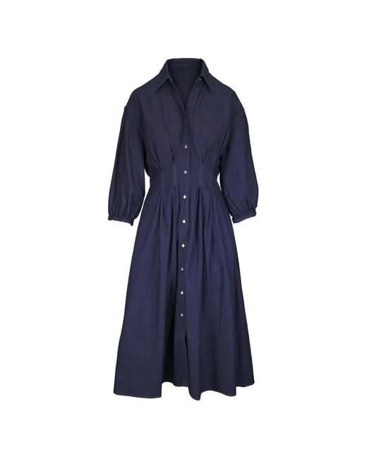 Twp Blue Balloon-Sleeve Midi Dress