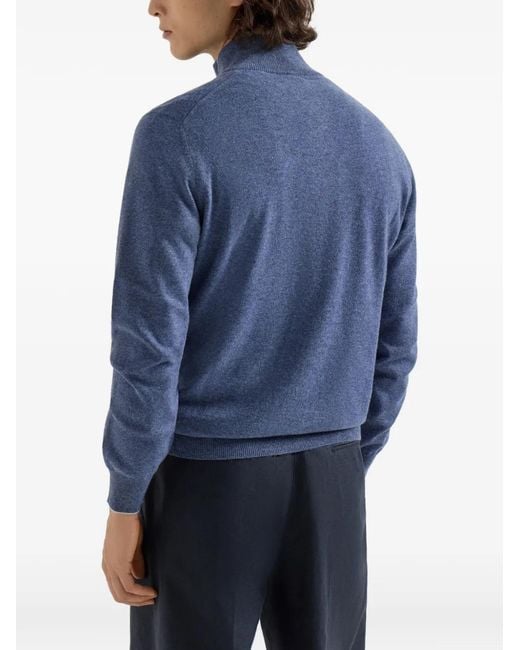 Brunello Cucinelli Blue Cashmere Sweater With Half Zip for men