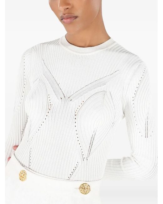 Roberto Cavalli White Openwork Rib-Knit Sweater