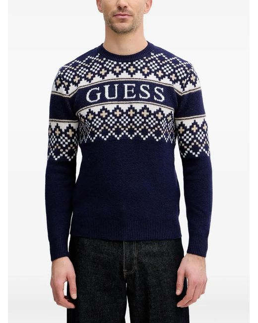 Guess Blue Fair Isle Round Neck Sweater for men