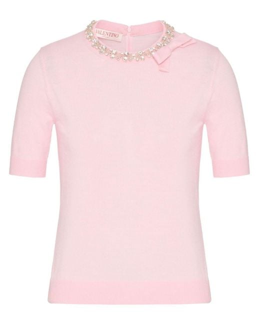 Valentino Garavani Pink Crystal-embellished Fine-knit T-shirt
