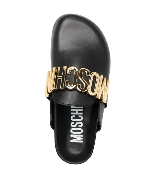 Moschino Black Logo-Plaque Leather Mules