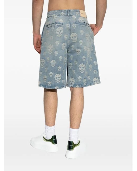McQueen Blue Skull Light Cotton Denim Bermuda Shorts With All-Over Skull Motif for men