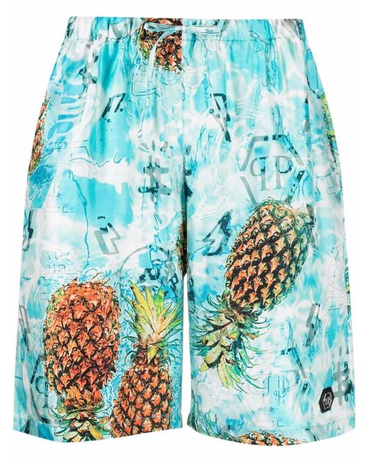 Philipp Plein Blue Pineapple Print Lounge Shorts for men