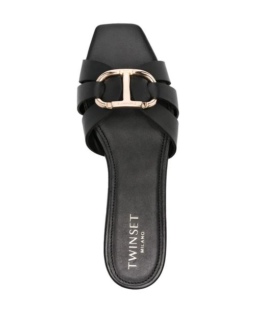 Twinset Black Oval T-Plaque Leather Slides