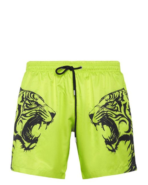 Philipp Plein Green Tiger-print Swim Shorts for men