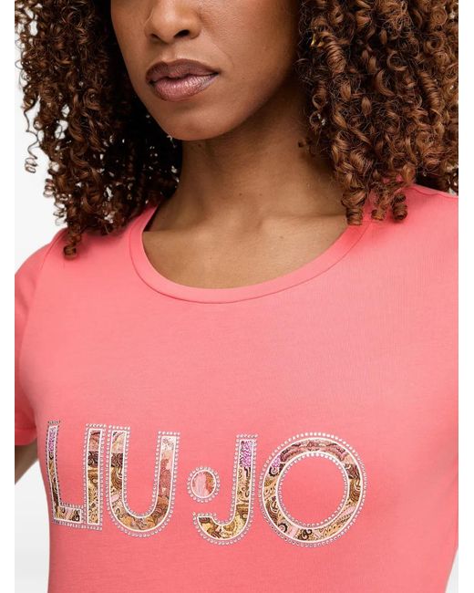 Liu Jo Pink Rhinestone-Embellished T-Shirt