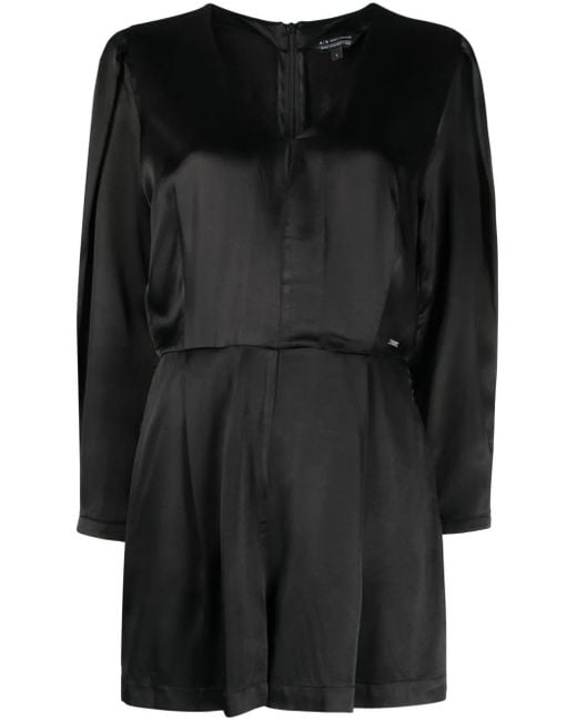 ARMANI EXCHANGE Black Logo-Plaque Satin-Finish Jumpsuit