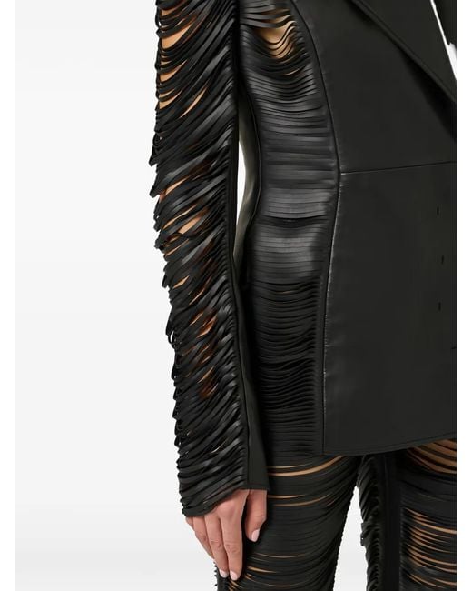 Elisabetta Franchi Black Double-Breasted Fringed Leather Jacket