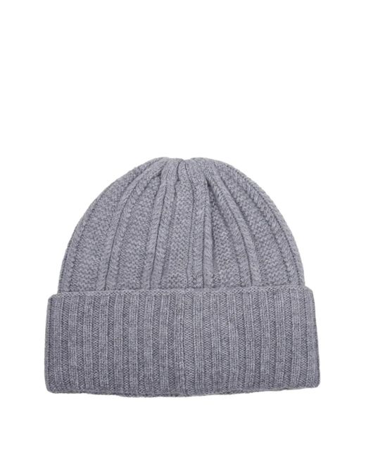 Max Mara Gray Ribbed Logo-Patch Beanie Hat