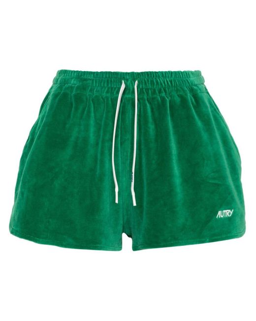 Autry Green Embroidered-Logo Velvet Shorts