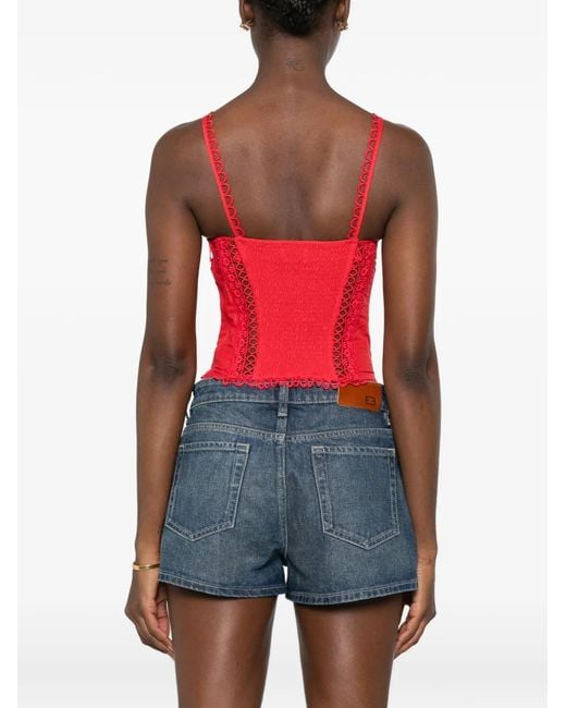 Charo Ruiz Red Poppy Scalloped-Trim Lace-Insert Top
