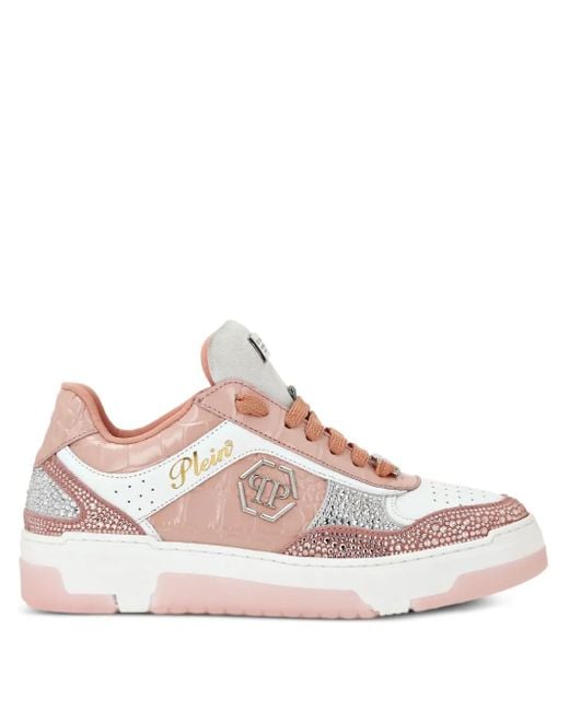 Sneakers Con Cristalli E Goffratura Effetto Coccodrillo di Philipp Plein in Pink