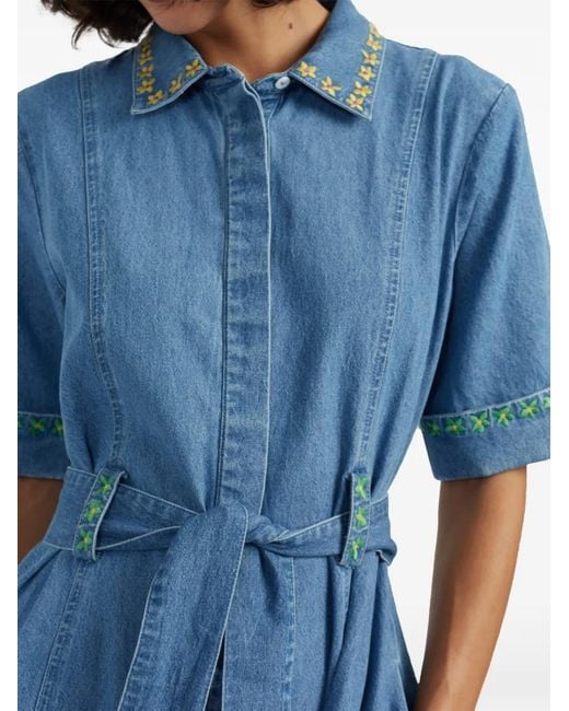 Chinti & Parker Blue Embroidered-Detail Tie-Fastening Midi Dress