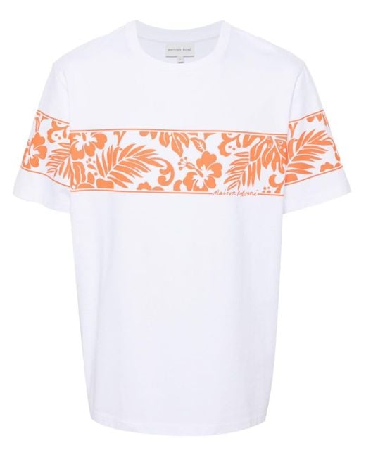 Maison Kitsuné White Floral-Print Cotton T-Shirt for men