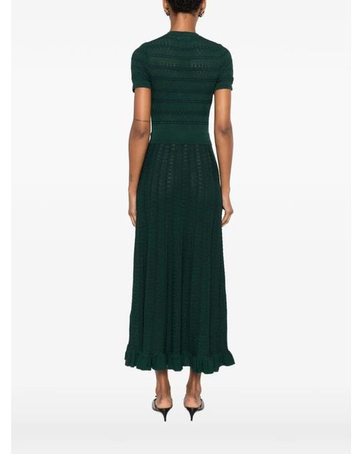 Sandro Green Pointelle-Knit Ruffled Midi Dress