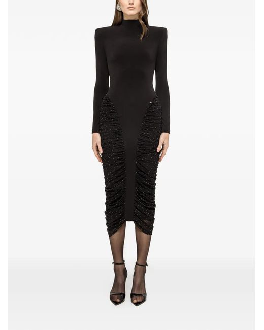 Nissa Black Rhinestone-Embellishment Ruched Midi Dress