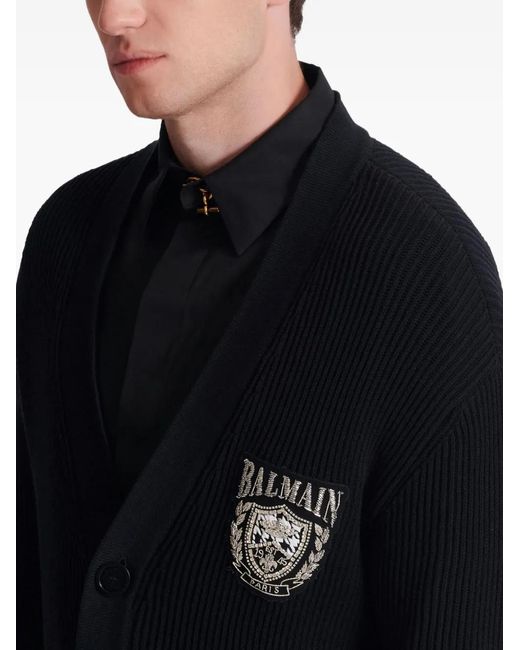 Balmain Black V-Neck Embroidered Cardigan for men