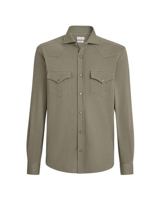 Brunello Cucinelli Green Cotton Piquè Western Shirt for men
