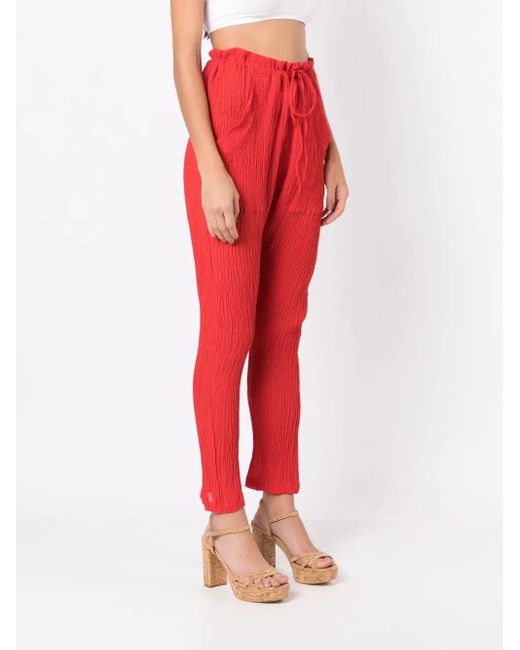 Amir Slama Red Crinkle-Effect Silk Trousers