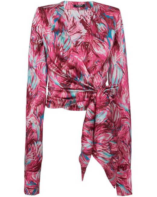 Blusa con estampado de plumas Balmain de color Pink