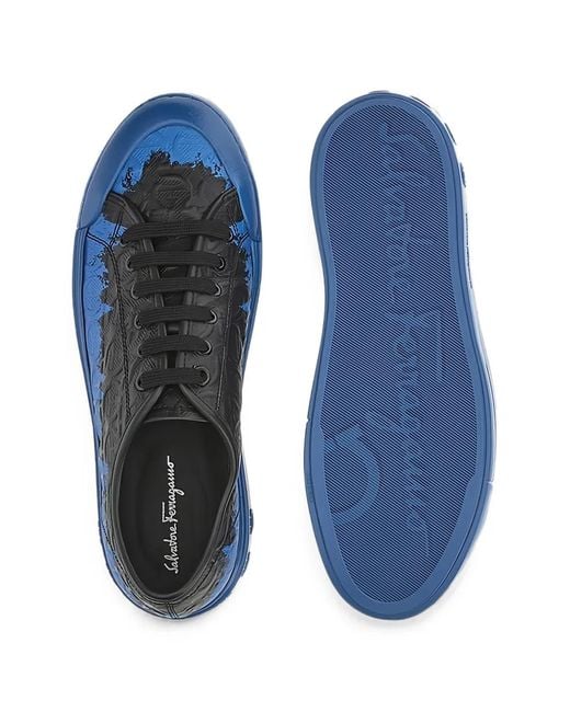 Ferragamo Blue Gancini-Embossed Paint-Splatter Sneakers for men