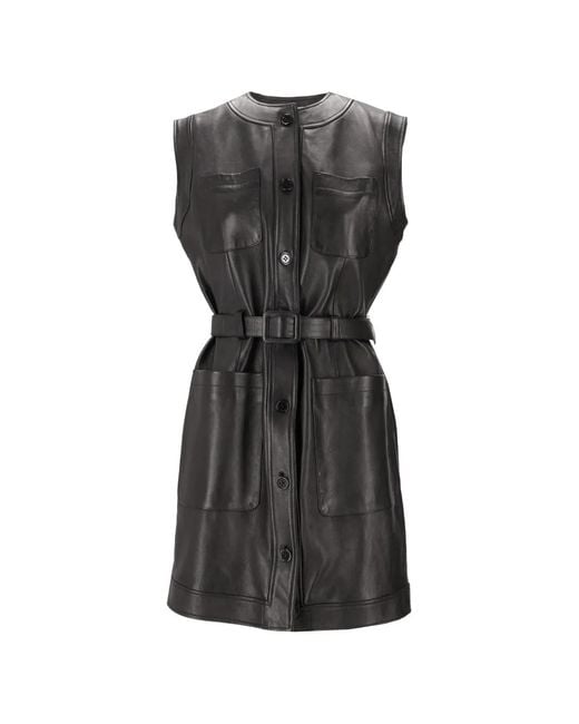 LA ROSE Black Belted Leather Mini Dress