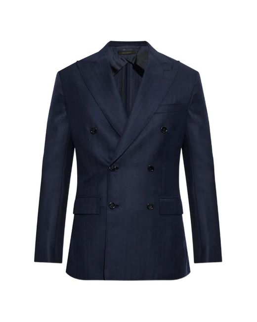 Brioni Blue Blazer Croisé À Motif De Chevrons for men