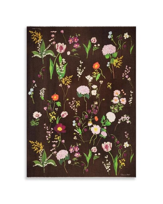 Oscar de la Renta Black Botanical-Print Frayed Scarf