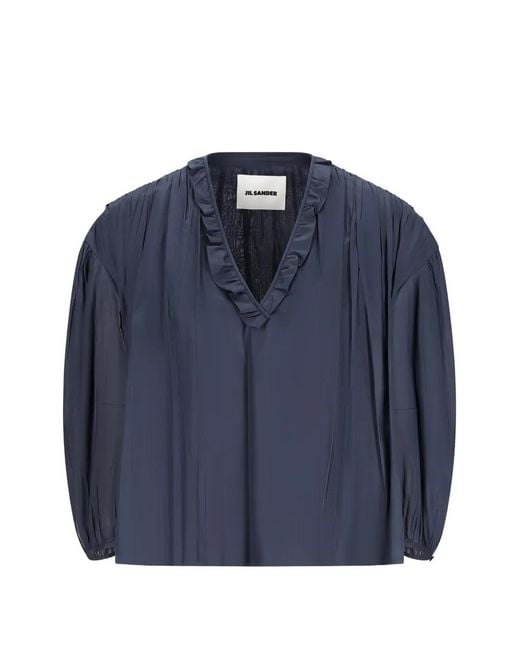 Jil Sander Blue Ruffled Pleated Blouse