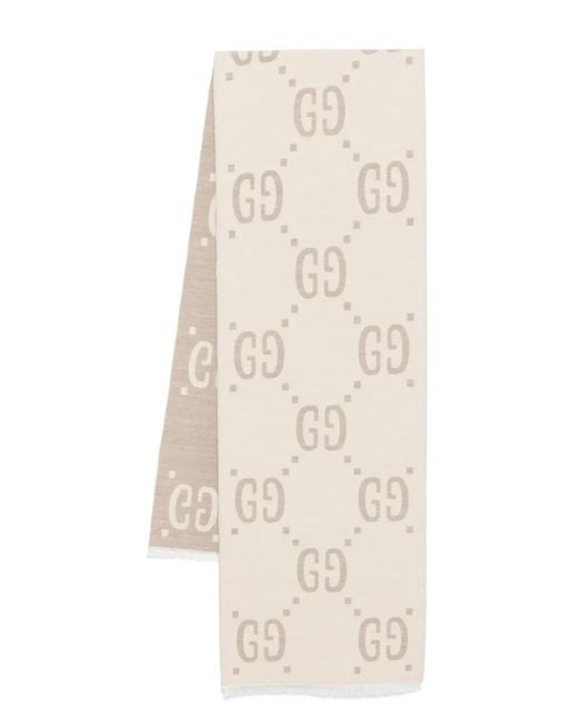 Gucci Natural Signature GG Jacquard Wool-Silk Fringed Scarf