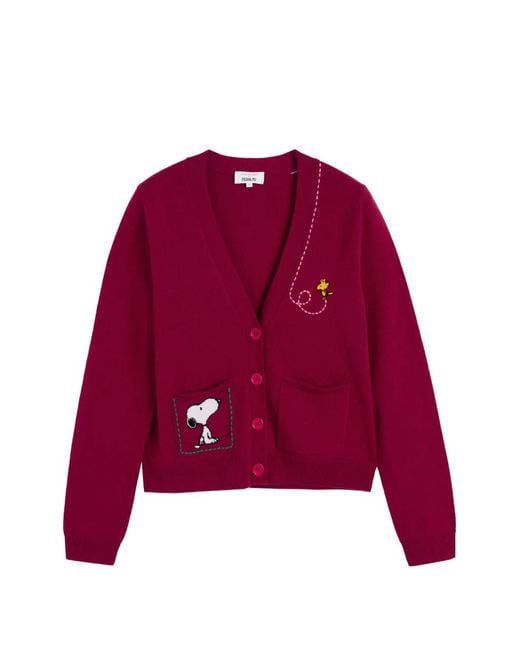 Chinti & Parker Red Snoopy-Intarsia Pocket Cardigan