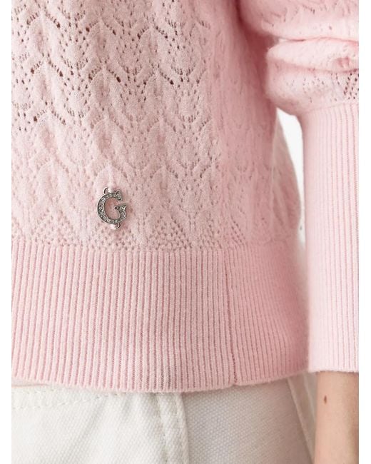 Guess Pink Pointelle-Knit Flower-Button Cardigan