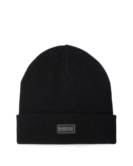 Barbour Black Logo-Patch Knit Beanie Hat for men