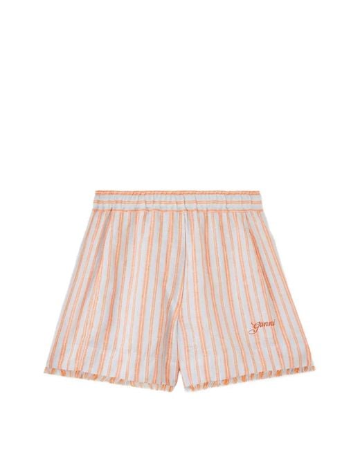 Ganni Pink Striped Frayed-Edge Shorts