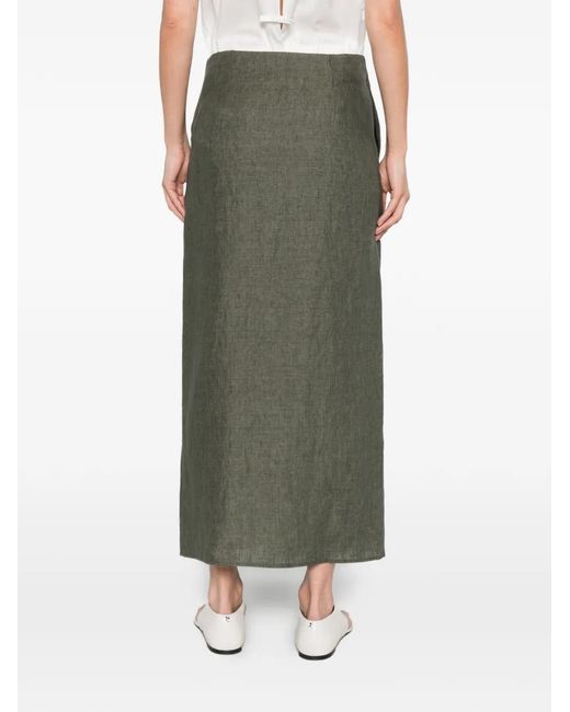 Herno Green Long Yarn-Dyed Washed-Effect Linen Wrap Skirt With Logo Plate