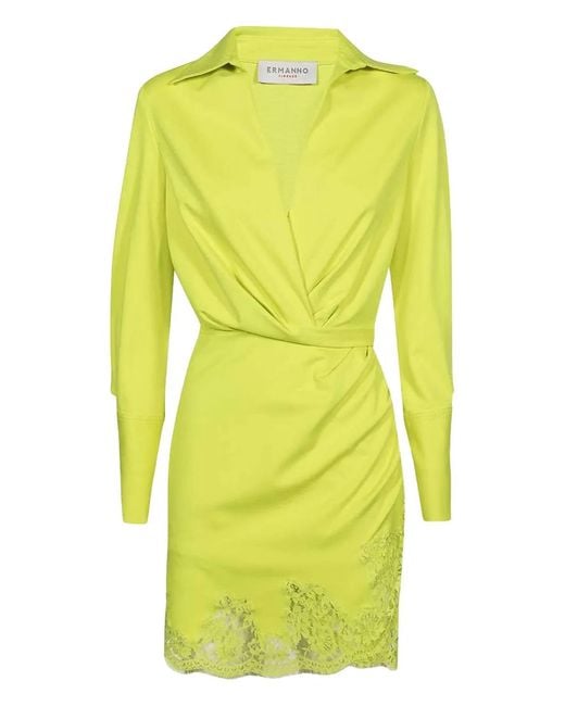 Ermanno Scervino Yellow Lace-Trimmed Mini Shirt Dress
